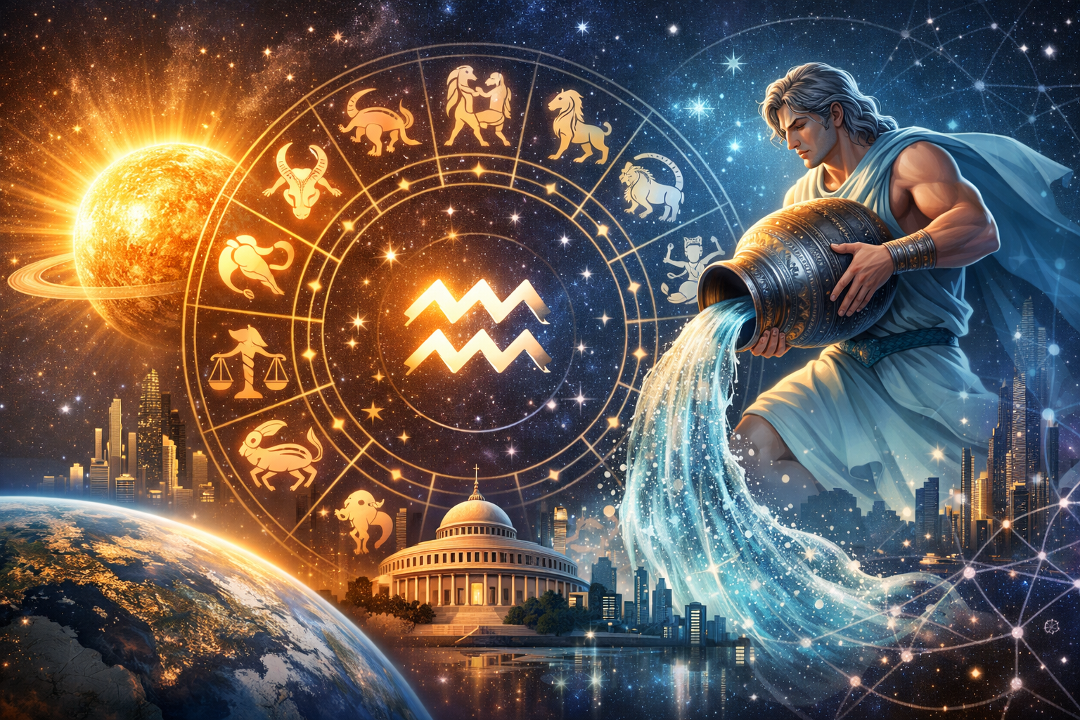 Illustration of the Sun entering the Aquarius (Kumbha) zodiac sign against a celestial background with astrological symbols.