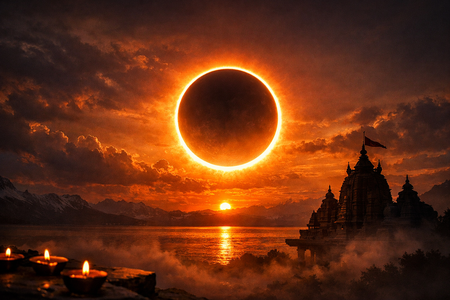 Annular solar eclipse creating a bright ring of fire in an orange sky above mountains, water, and a silhouetted temple with oil lamps in the foreground.
