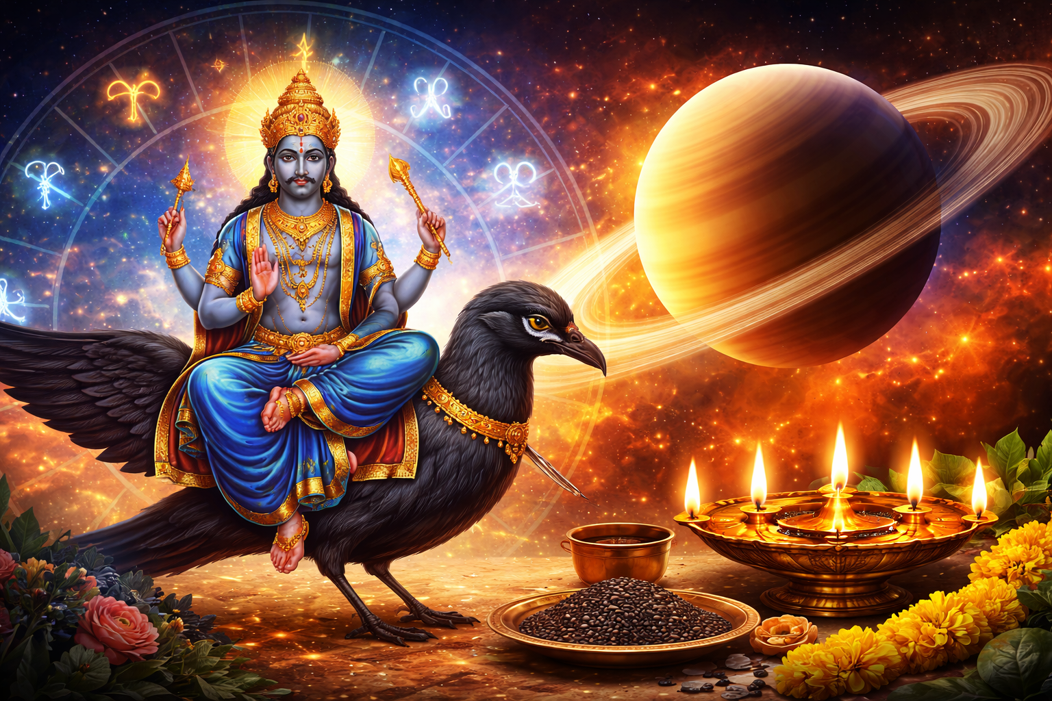 Shani Trayodashi 2026: Lord Shani seated on a black crow with Saturn in the background, oil lamps and black sesame offerings in a cosmic setting.