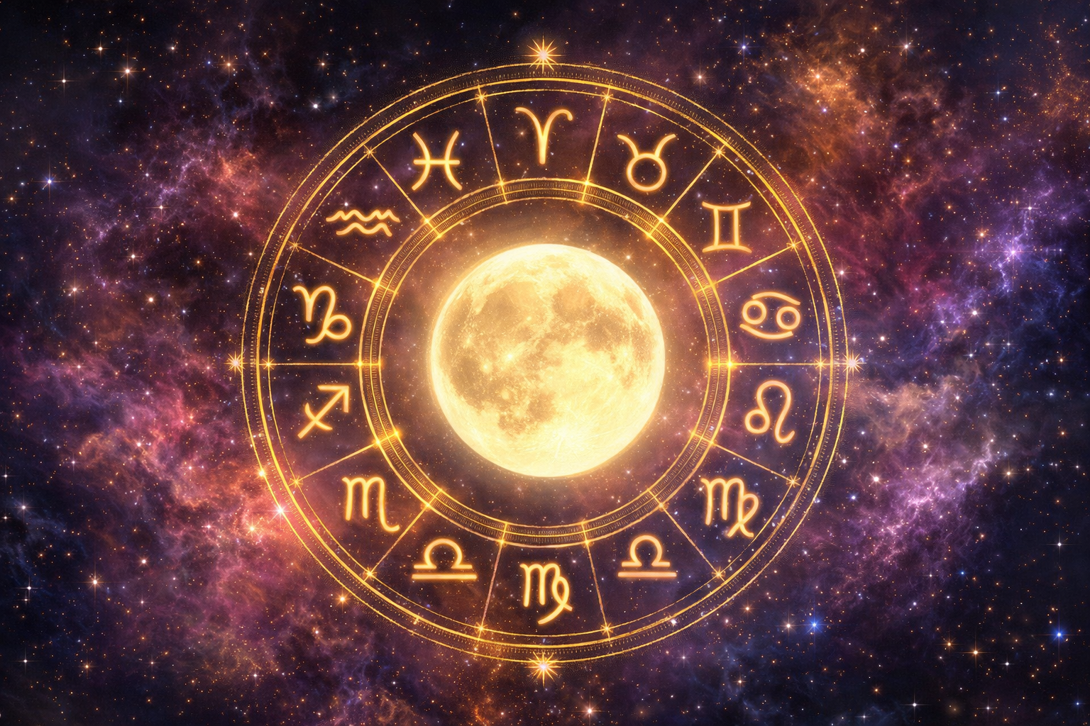 Glowing zodiac wheel with twelve astrological symbols surrounding a bright full moon in a cosmic sky, representing horoscope today 14 February 2026.