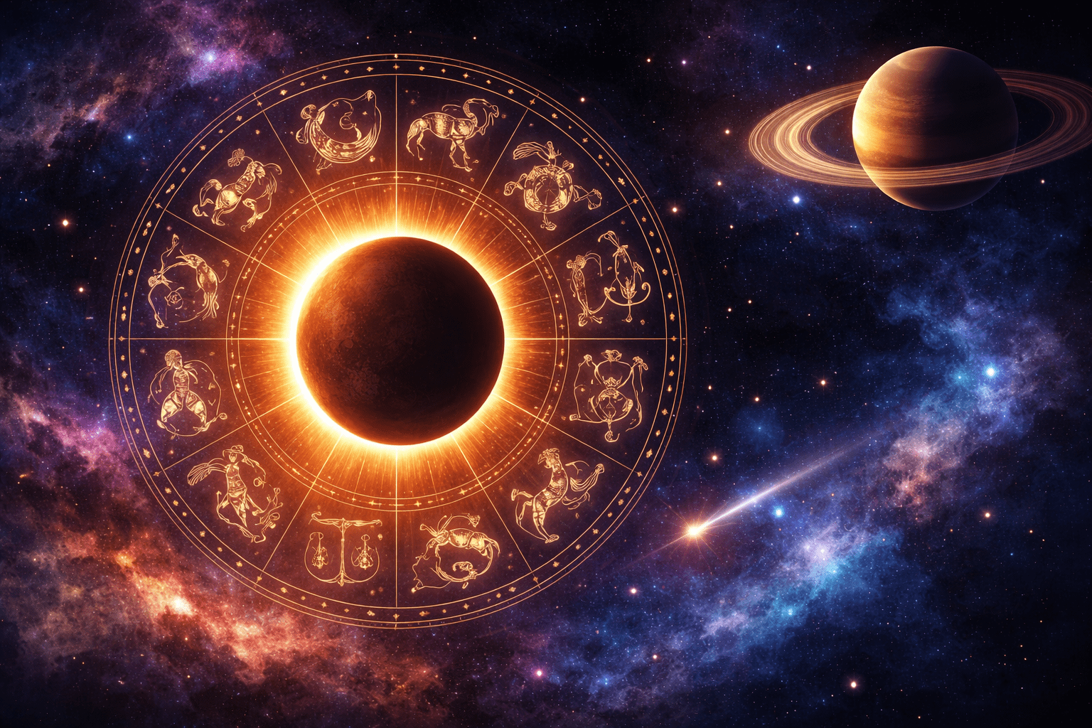 Weekly Horoscope Surya Grahan showing a solar eclipse with zodiac wheel and Saturn in cosmic background