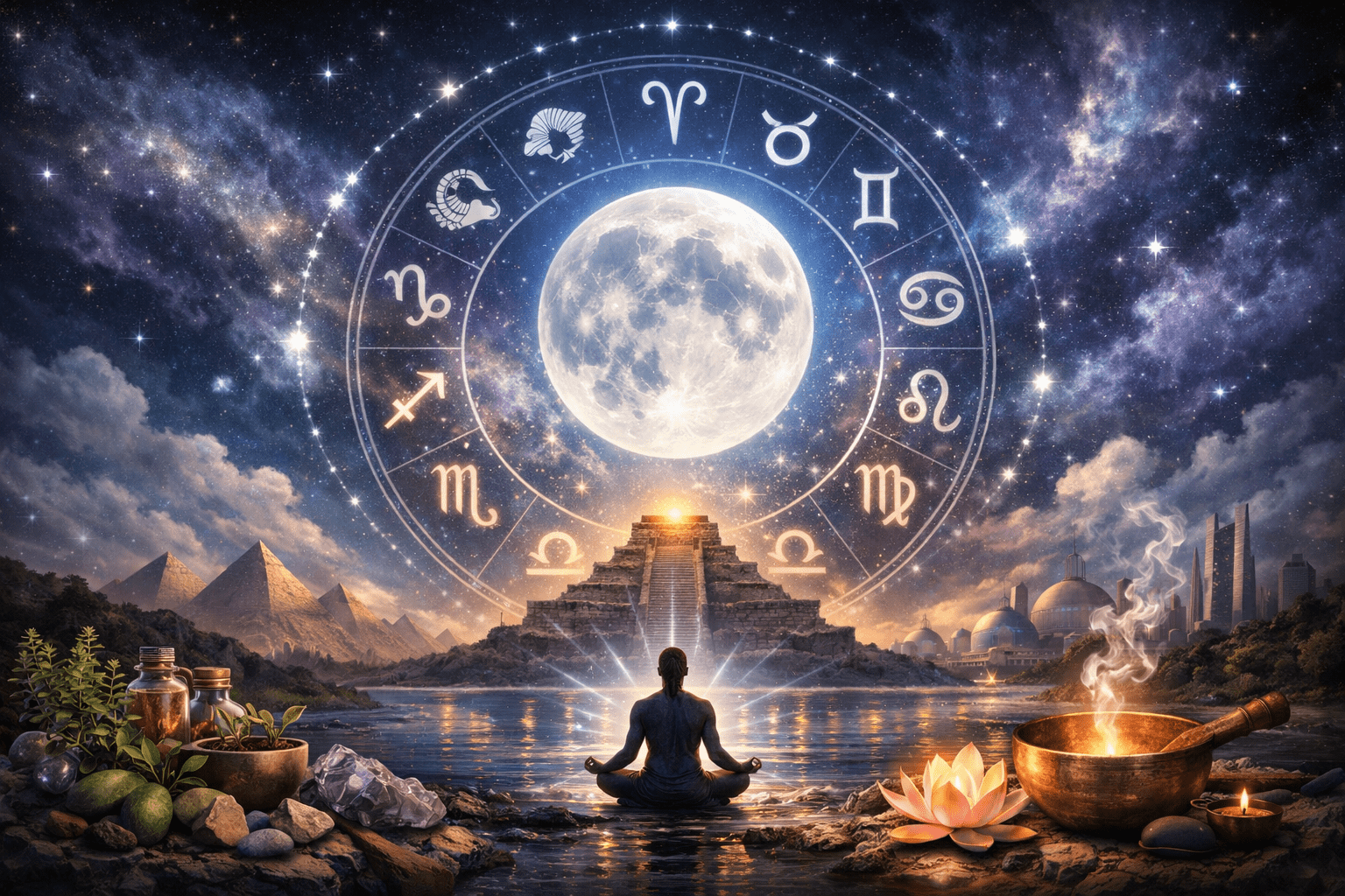 Daily Horoscope February 16 themed illustration showing a radiant full Moon within a glowing zodiac wheel above calm water, with a meditating figure, crystals, lotus, and a cosmic night sky.