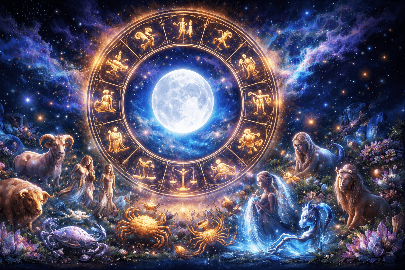 Celestial zodiac wheel with glowing Moon in Aquarius at the centre, surrounded by all twelve zodiac symbols in a cosmic night sky, 16:9 ratio, no text.