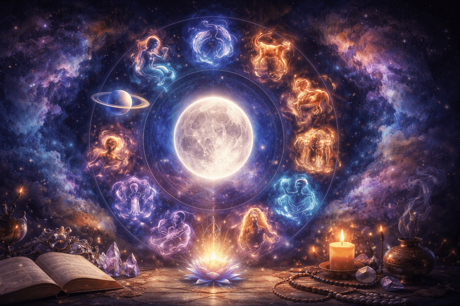 Pisces Moon glowing at the centre of a celestial zodiac wheel with Saturn nearby, surrounded by all twelve zodiac signs in a cosmic 16:9 scene without text.