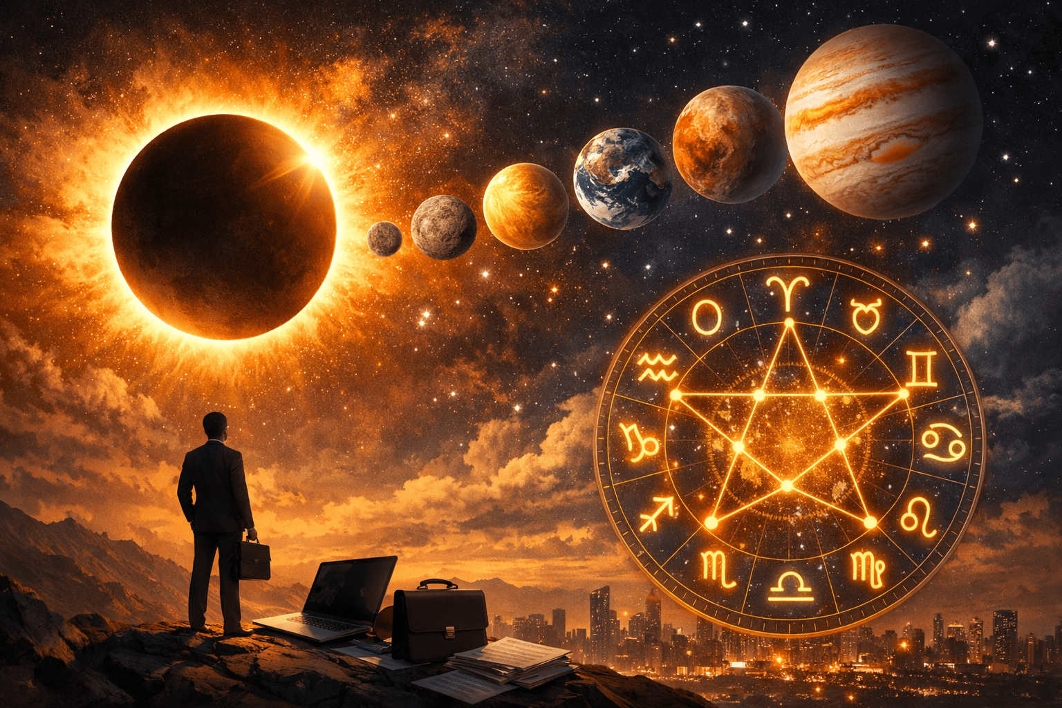 Solar Eclipse 2026 and Panchgrahi Yoga shown through a total solar eclipse, five aligned planets, and a glowing zodiac wheel over a city skyline.