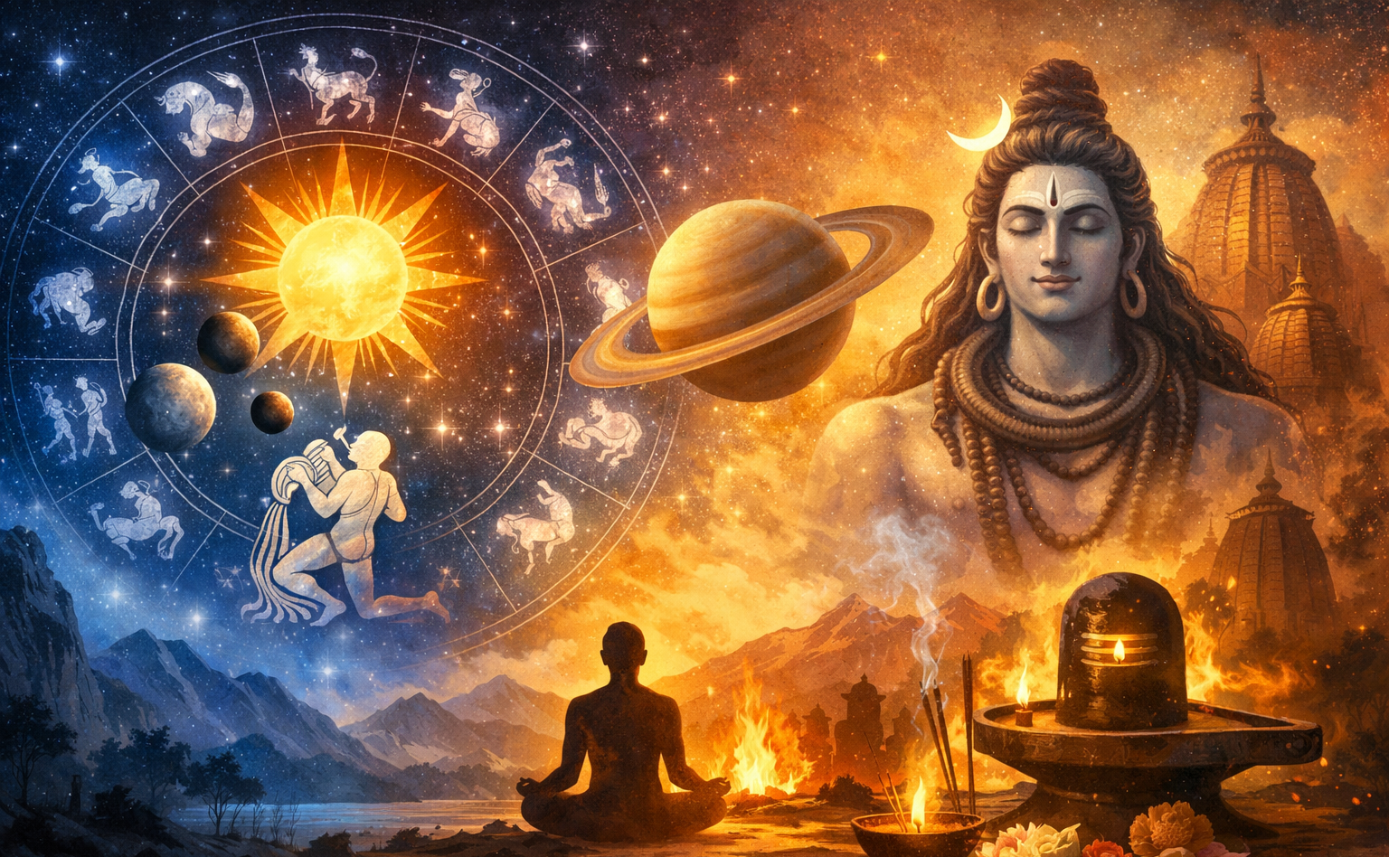 Weekly Horoscope February 2026 featuring Sun in Aquarius and Maha Shivratri symbols