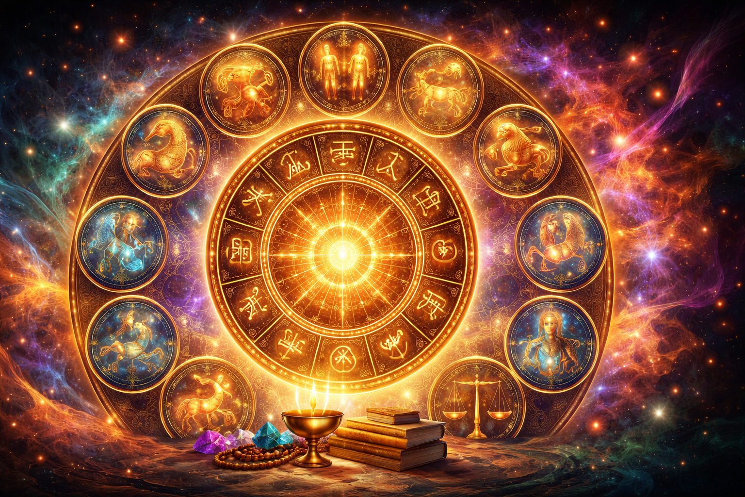 Illustration of 12 zodiac signs with a glowing moon, representing Vedic astrology predictions for February 10, 2026.