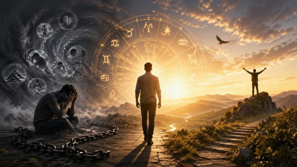 About Astro Zindagi: A cinematic scene showing a man moving from darkness and fear into golden light, guided by a glowing zodiac wheel, symbolising Astro Zindagi’s empowering approach to astrology by Neeraj Dhankher