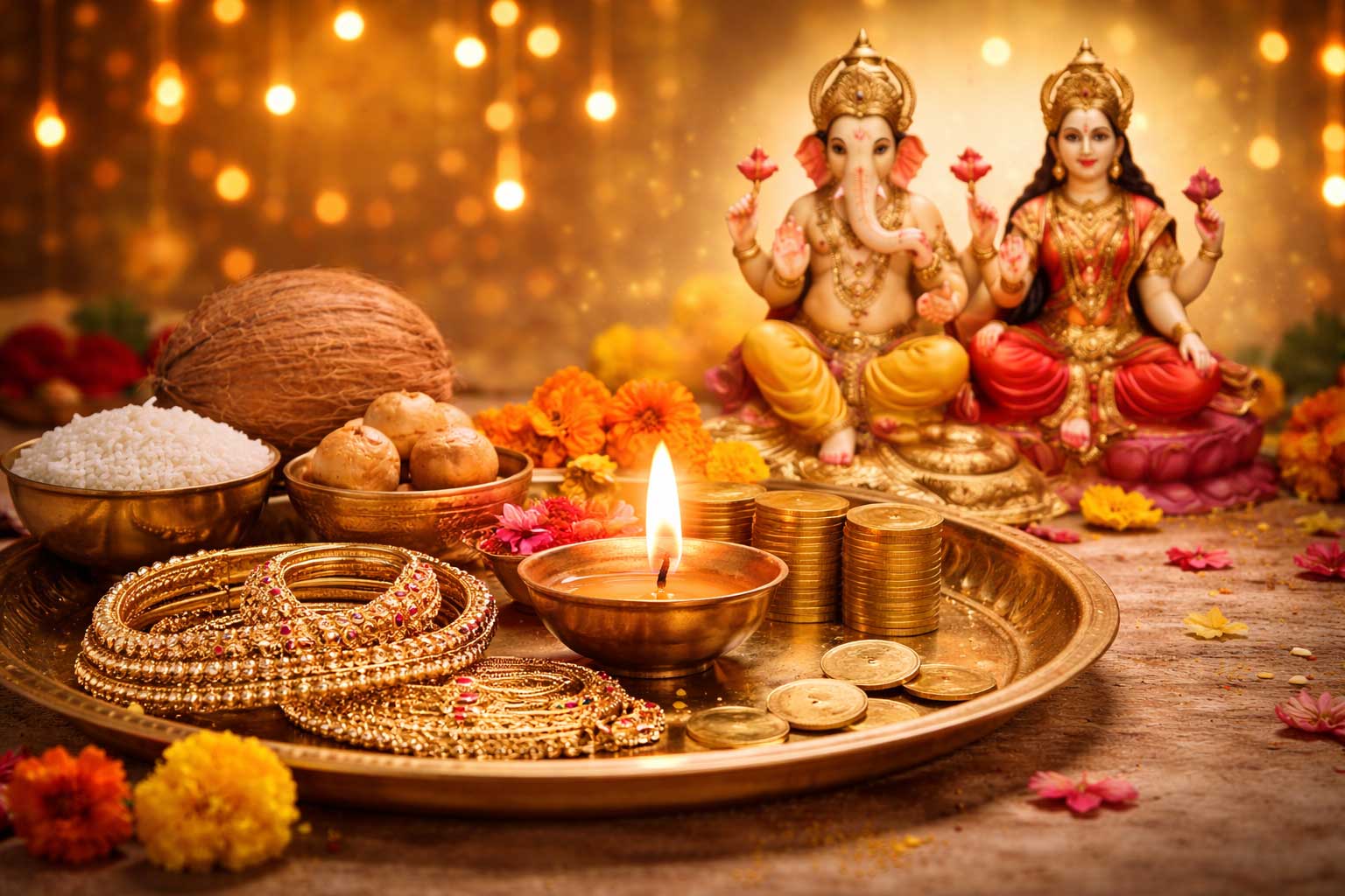 Akshaya Tritiya 2026 puja thali with gold jewellery and diya