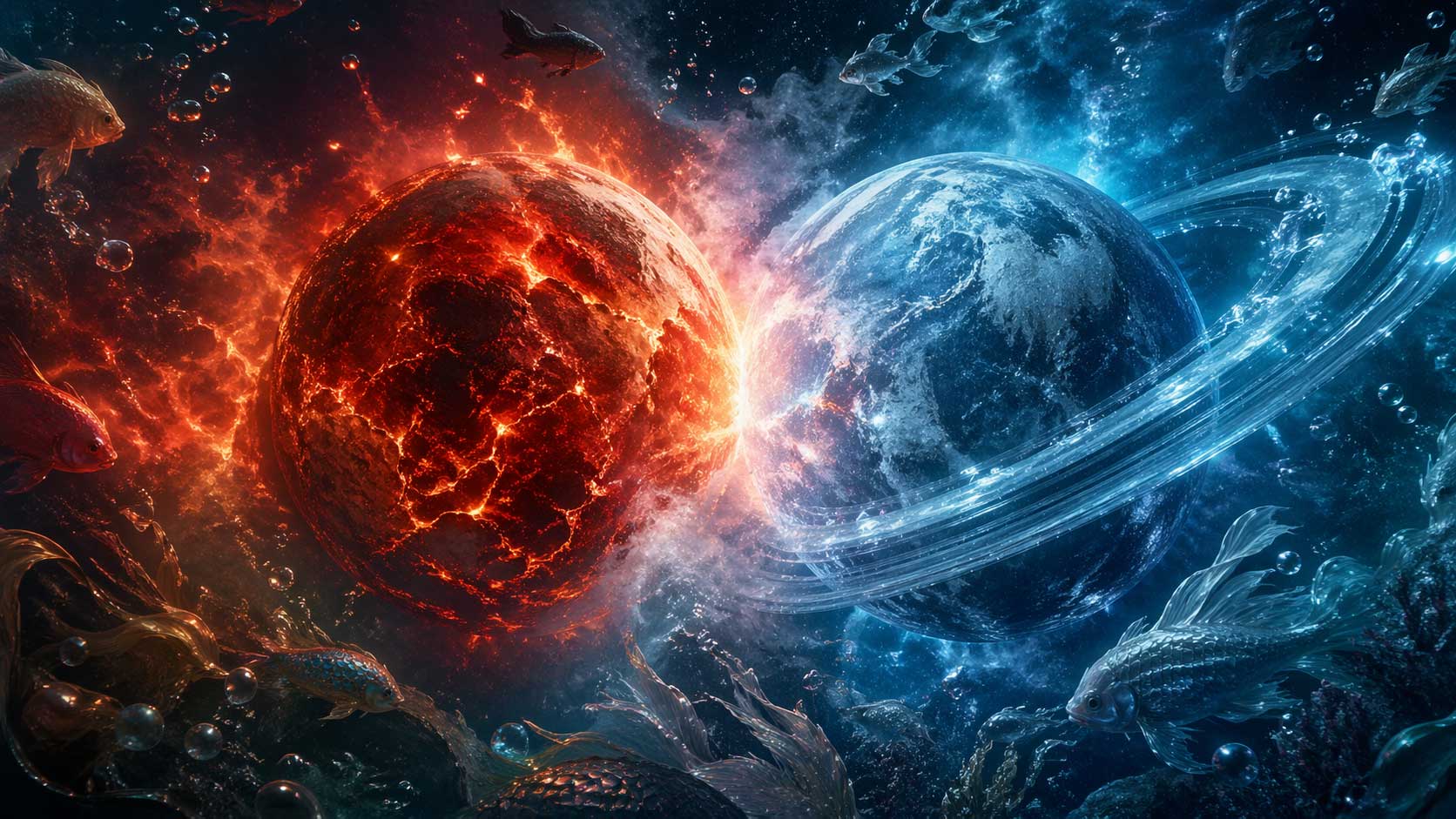 Digital illustration of Saturn and Mars in a planetary war (Graha Yuddha) within the zodiac sign of Pisces, symbolizing tension between impulse and restriction.
