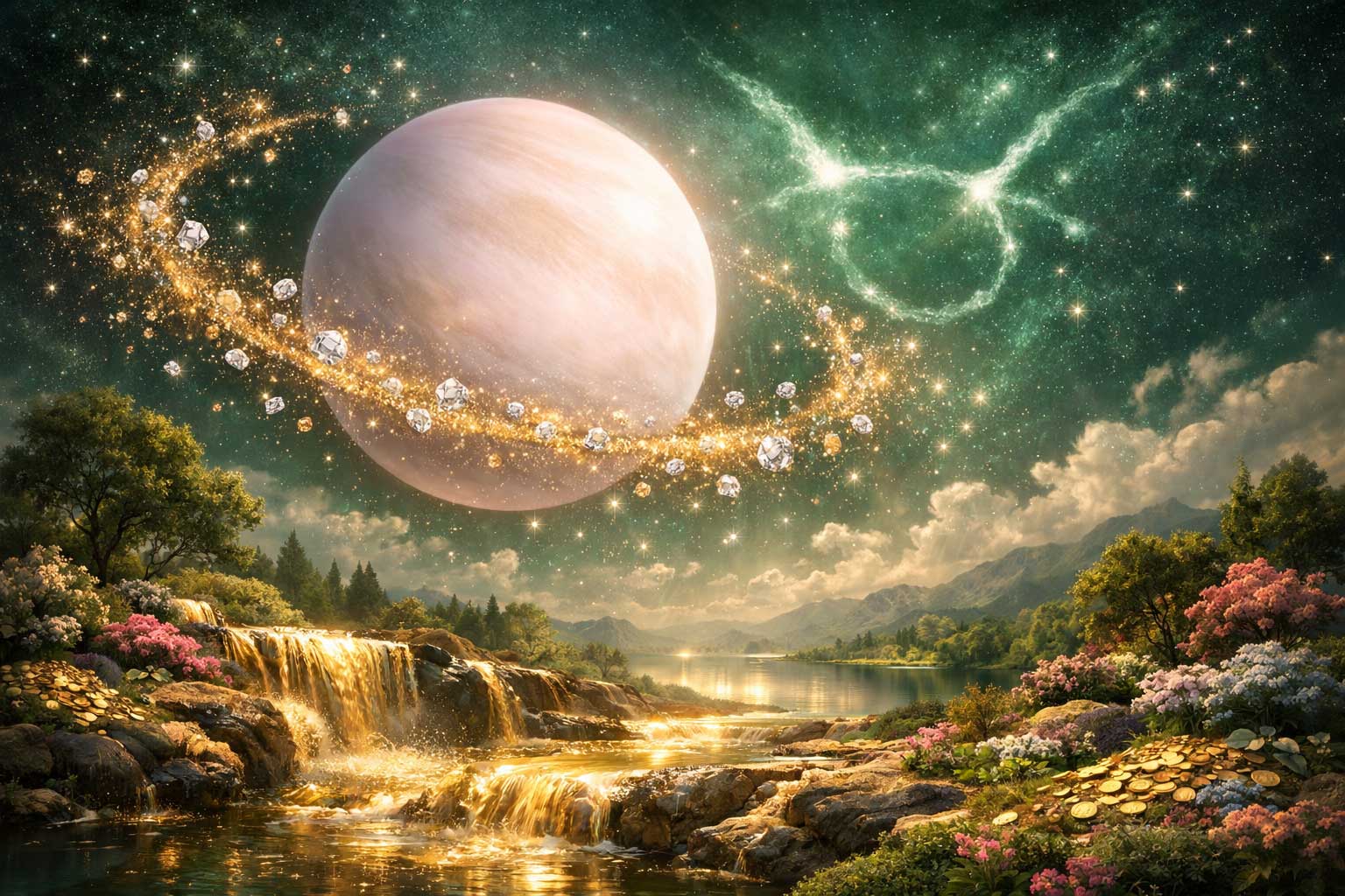 Digital illustration of the planet Venus Transit in Taurus zodiac constellation, symbolizing luxury and financial growth.