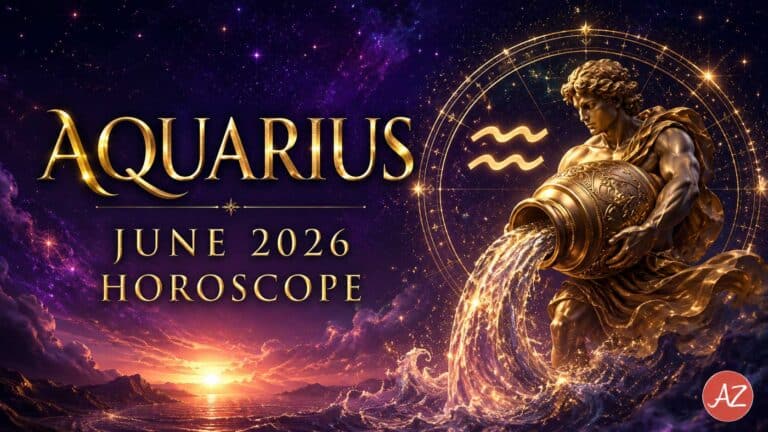 Aquarius June 2026 Horoscope feature image with a golden water bearer, zodiac wheel, cosmic purple sky, ocean sunrise, and Astro Zindagi logo at the bottom right.
