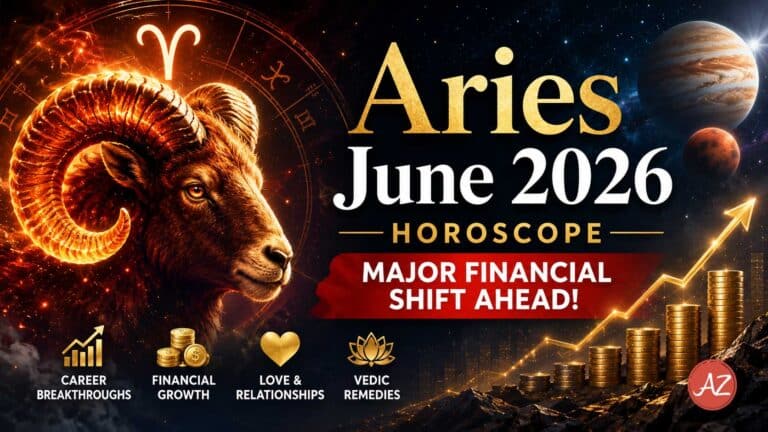 Aries June 2026 Horoscope featured image with fiery ram, zodiac symbols, planets, gold coins, and financial growth chart highlighting career, money, love, and Vedic remedies.