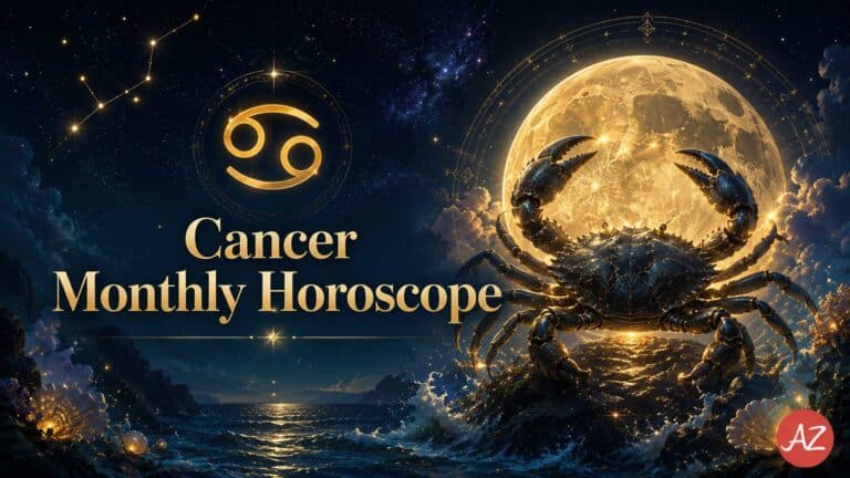 Cancer June 2026 Horoscope featured image with a glowing Cancer zodiac symbol, a golden moonlit crab, constellations, and a mystical ocean night sky.