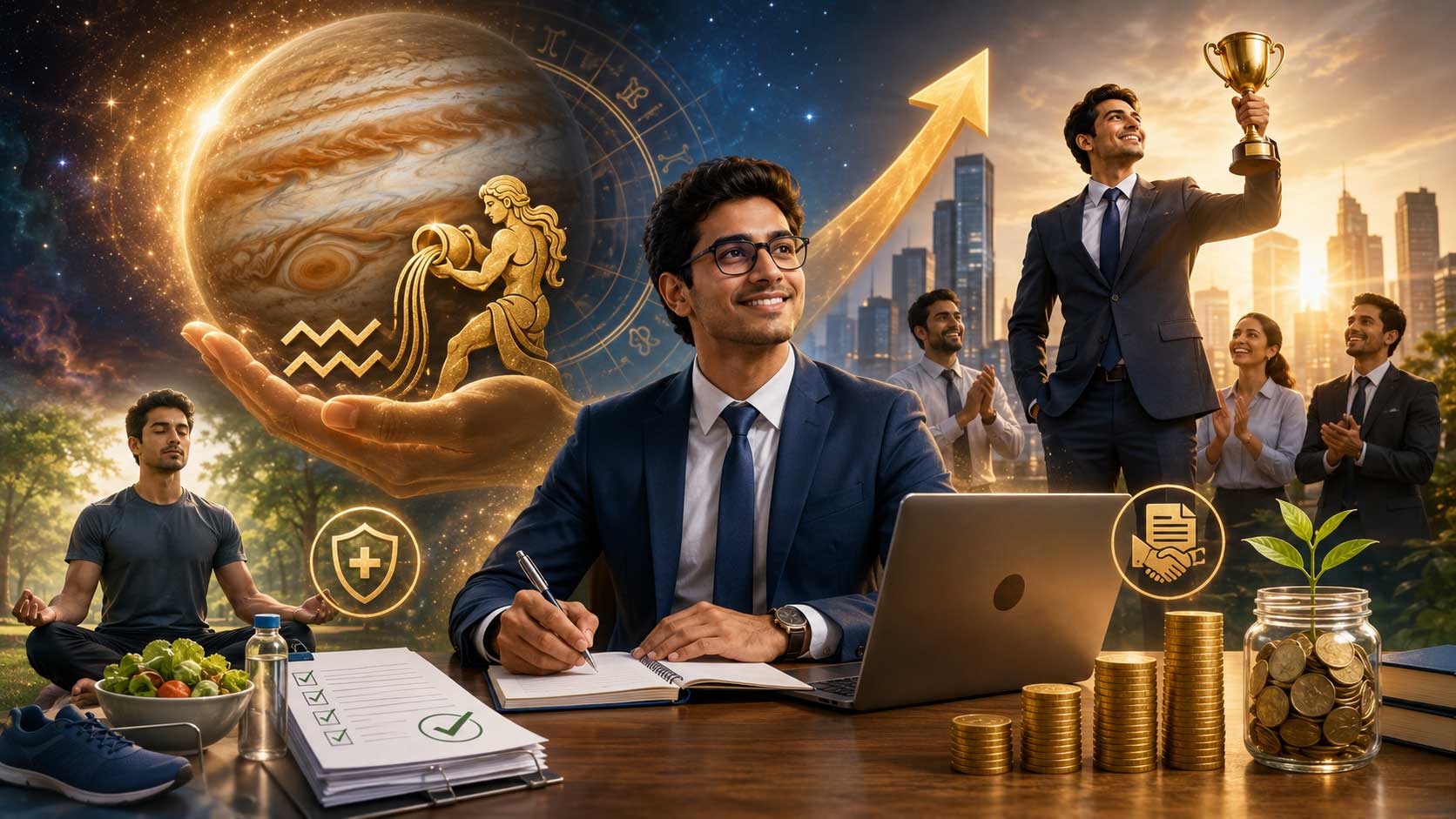 Jupiter transit 2026 for Aquarius showing career promotion, workplace success, financial growth, health balance, and protective Guru blessings during Jupiter in Cancer.
