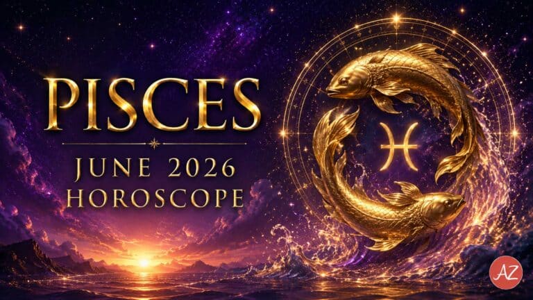 Pisces June 2026 Horoscope feature image with golden twin fish, zodiac wheel, cosmic purple sky, ocean sunrise, and Astro Zindagi logo at the bottom right.