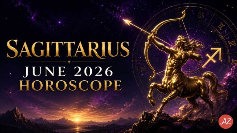 Sagittarius June 2026 Horoscope feature image with a golden archer, zodiac wheel, cosmic purple sky, and Astro Zindagi logo at the bottom right.