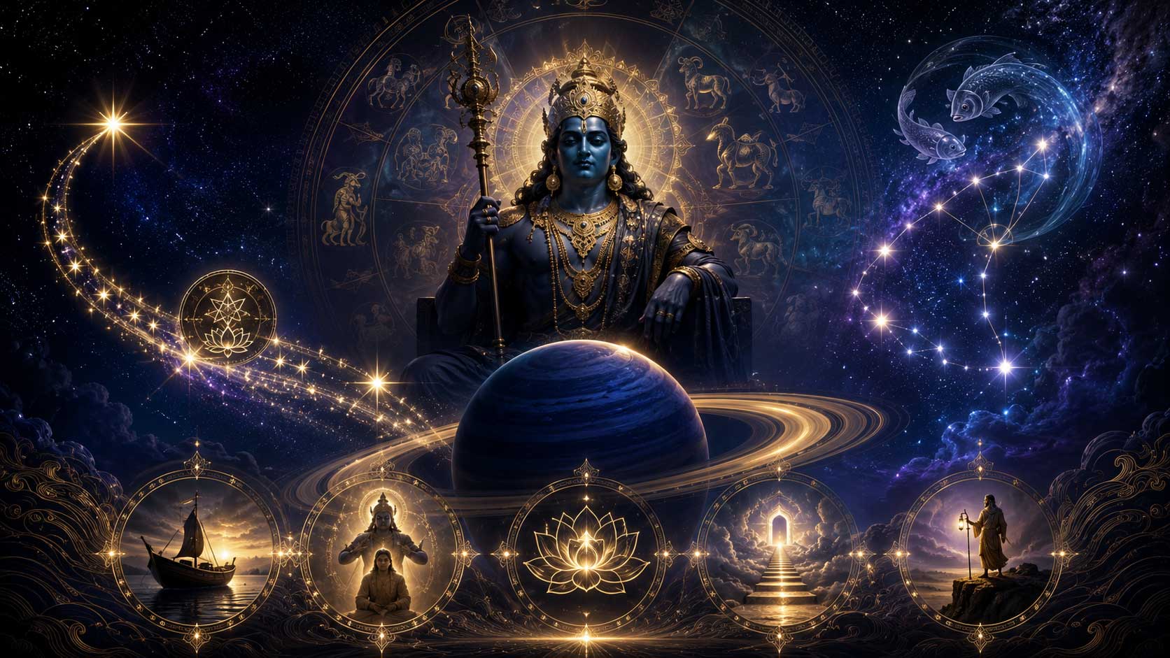 Saturn Nakshatra Transit 2026 showing Shani, Revati Nakshatra, Pisces symbolism, and zodiac wheel in a cosmic Vedic astrology scene