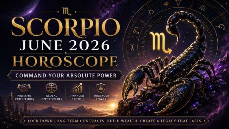 Scorpio June 2026 Horoscope feature image showing a golden scorpion, zodiac wheel, cosmic sky, and themes of power, partnerships, wealth, and legacy.