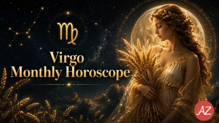 Virgo June 2026 Horoscope featured image with a glowing Virgo zodiac symbol, celestial maiden holding golden wheat, constellations, and a mystical moonlit sky.