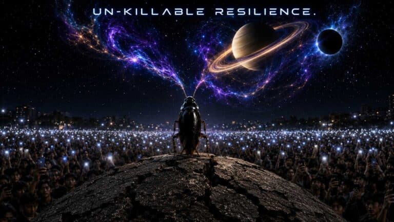 A powerful cosmic cockroach warrior standing on a crumbling pavement under a starry night sky with Saturn and Rahu transits, representing the Cockroach Janta Party movement.