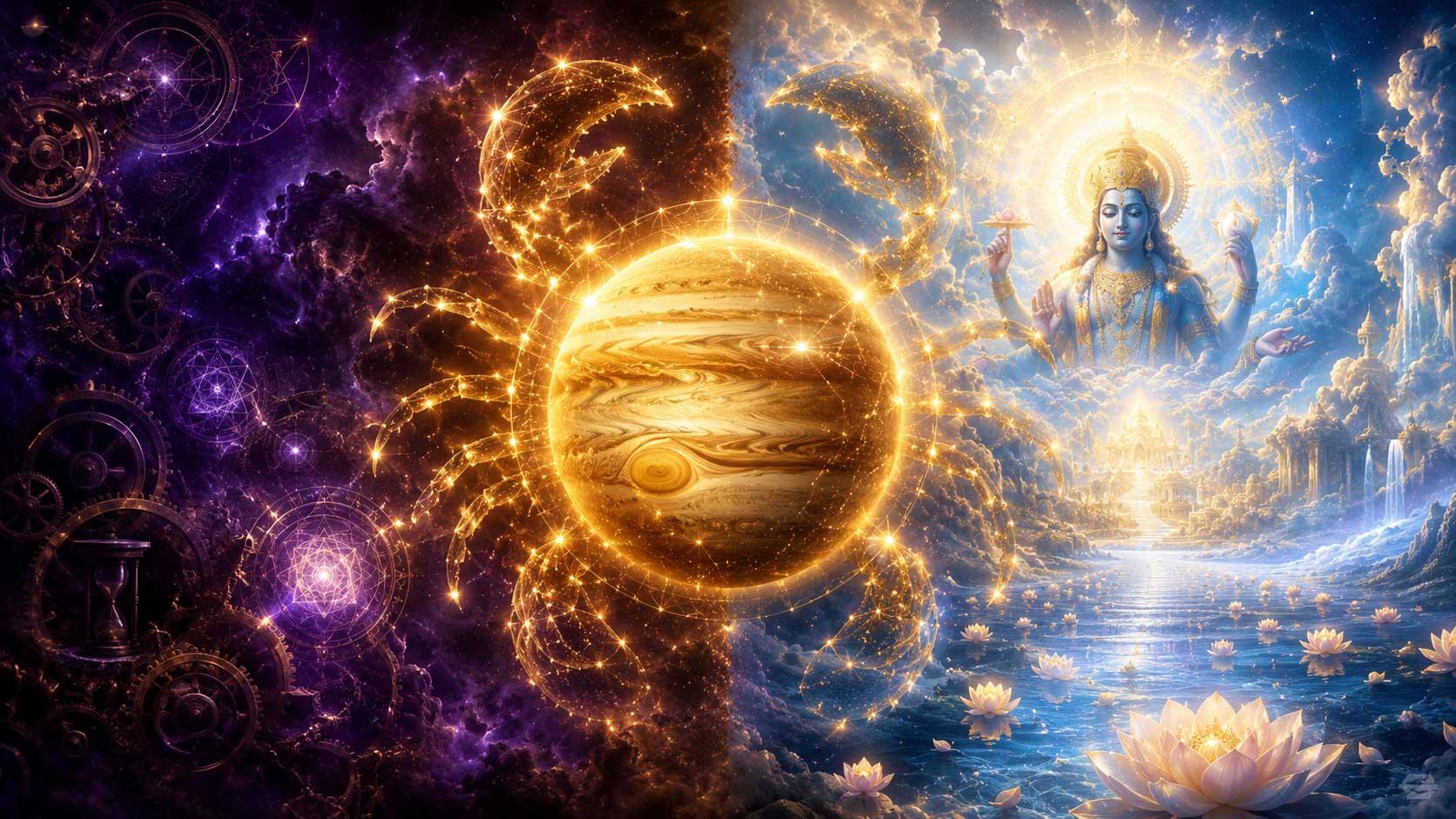 Cosmic illustration of the rare Jupiter transit in Cancer during the 2026 Adhik Maas, showing a radiant golden planet Jupiter and sacred geometry.