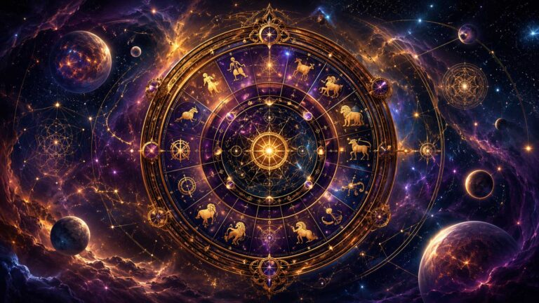 A detailed cosmic astrolabe glowing with celestial geometry and constellations amidst a deep blue and violet nebula, representing misunderstood zodiac signs in a birth chart.