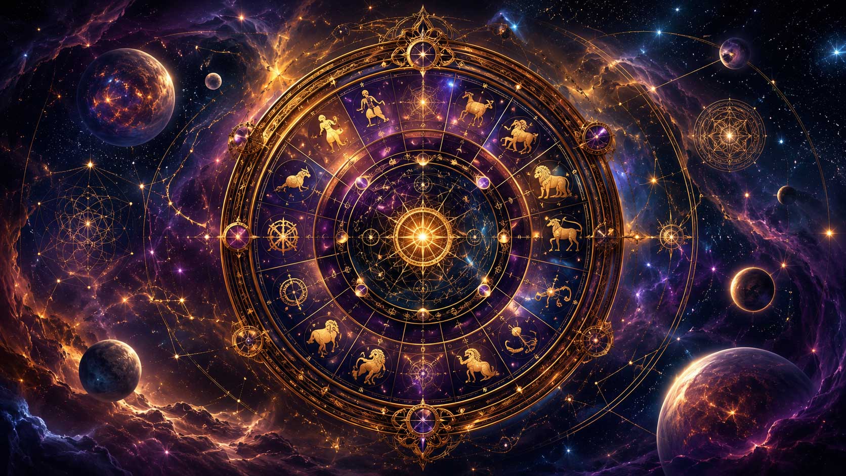 A detailed cosmic astrolabe glowing with celestial geometry and constellations amidst a deep blue and violet nebula, representing misunderstood zodiac signs in a birth chart.