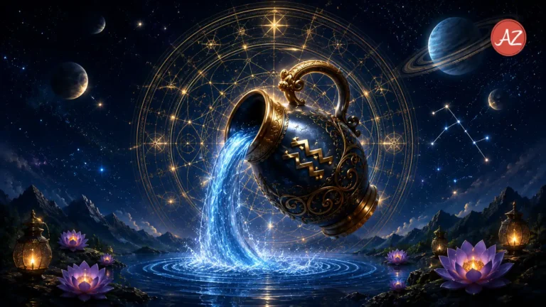 A celestial Vedic astrology artwork for Aquarius July 2026 Horoscope, featuring an ornate water pot pouring glowing blue water beneath a golden astrological mandala, surrounded by stars, planets, mountains, lotus flowers, and a mystical cosmic sky.