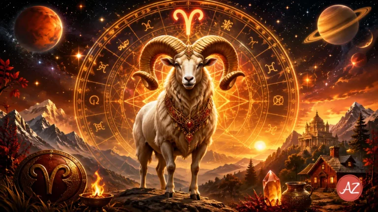 Aries July 2026 Horoscope image showing a majestic ram with golden ornaments standing before a glowing Vedic astrology wheel in a fiery cosmic landscape.