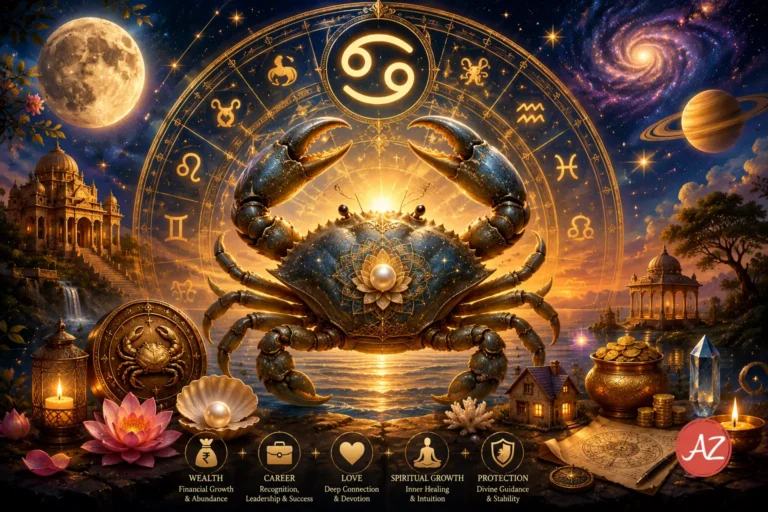 Cancer July 2026 Horoscope image showing a majestic blue-and-gold crab beneath a glowing zodiac wheel in a mystical cosmic seascape at sunset.