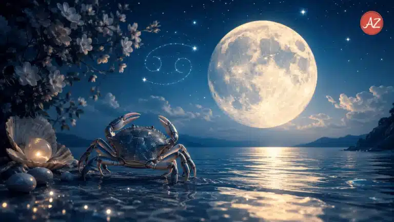 Cancer Season 2026 astrology image showing a mystical crab, full moon, ocean, stars, and zodiac energy for emotional healing and intuition.
