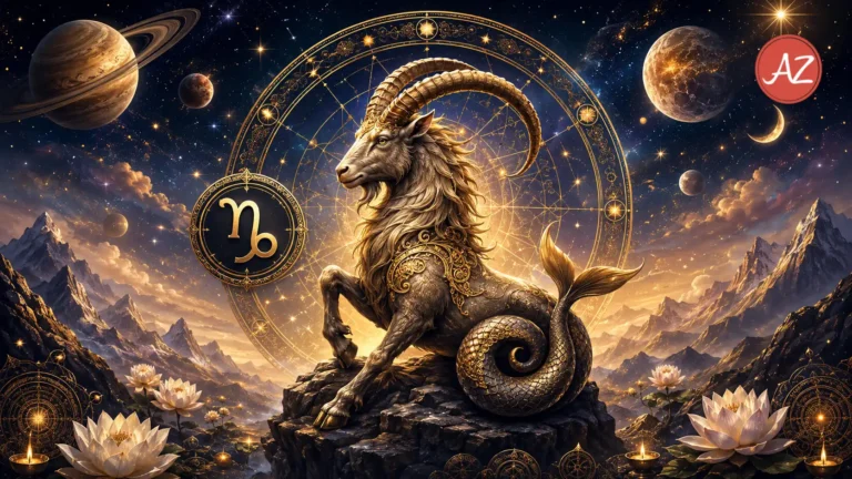 A celestial Vedic astrology artwork for Capricorn July 2026 Horoscope, featuring a majestic golden sea-goat standing on a mountain peak beneath a radiant astrological mandala, surrounded by planets, stars, lotus flowers, and a mystical sky.