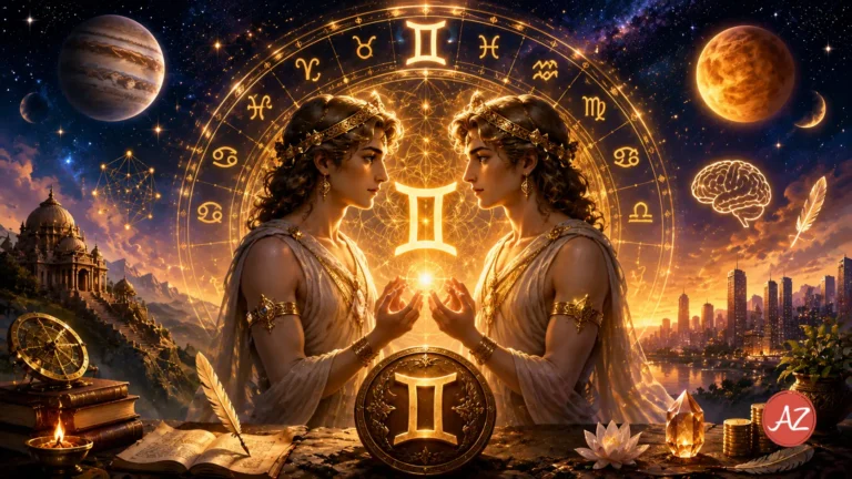 Gemini July 2026 Horoscope image showing twin celestial figures facing each other before a glowing Vedic zodiac wheel in a golden cosmic landscape.