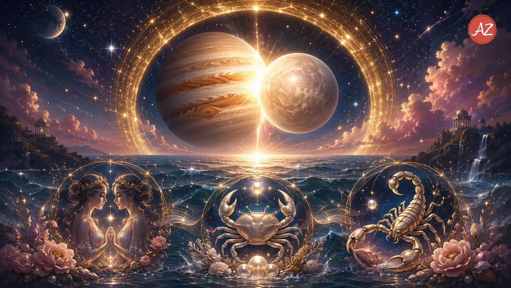 Jupiter-Venus Conjunction 2026 glowing in the night sky above an ocean, with golden zodiac symbols for Gemini, Cancer, and Scorpio.