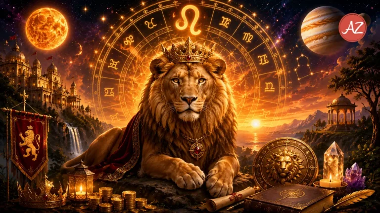 Leo July 2026 Horoscope image showing a crowned lion before a glowing zodiac wheel in a golden cosmic landscape with planets, palace architecture, and wealth symbols.