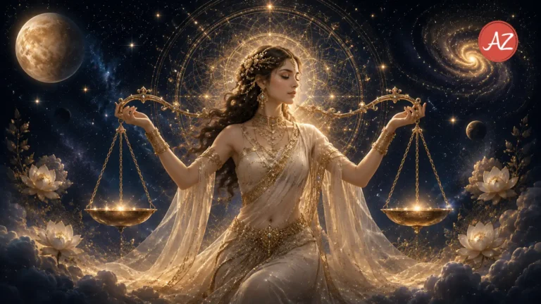 A celestial Vedic astrology artwork for Libra July 2026 Horoscope, showing a serene goddess holding golden balance scales under a radiant cosmic mandala, surrounded by stars, planets, lotus flowers, and a mystical night sky.