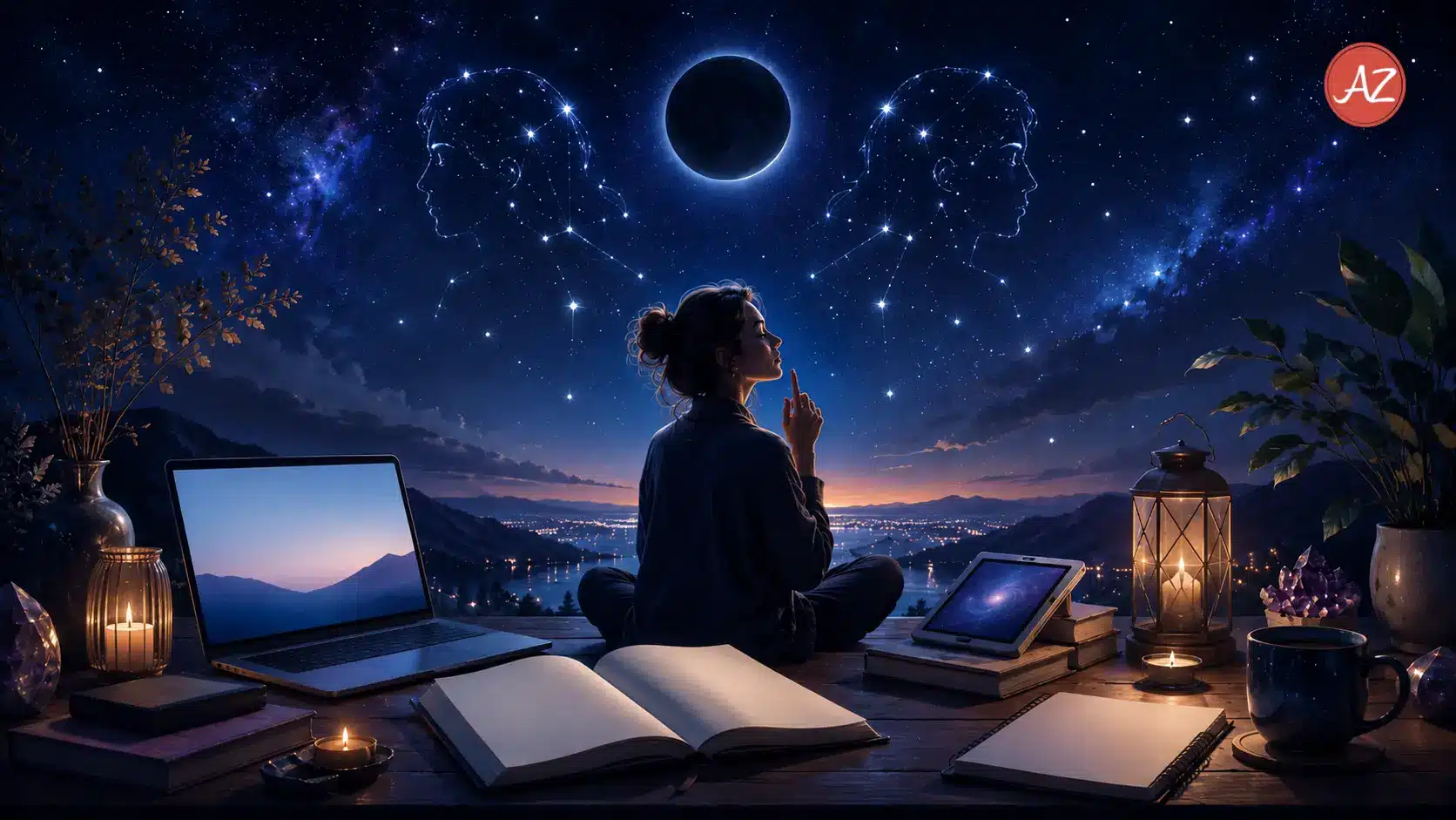 New Moon in Gemini 2026 astrology image showing a serene night sky, Gemini twin constellation, journal, laptop, and candles for mindset reset and communication clarity.