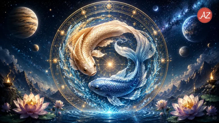 A celestial Vedic astrology artwork for Pisces July 2026 Horoscope, featuring two glowing fish swimming in a circular yin-yang formation beneath a golden astrological mandala, surrounded by stars, planets, lotus flowers, mountains, and mystical water.