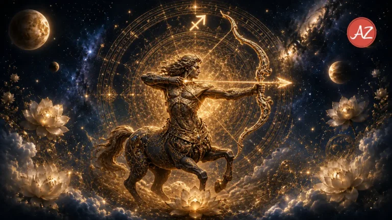 A celestial Vedic astrology artwork for Sagittarius July 2026 Horoscope, featuring a majestic golden centaur archer aiming a glowing arrow beneath a radiant cosmic mandala, surrounded by stars, planets, lotus flowers, and mystical clouds.