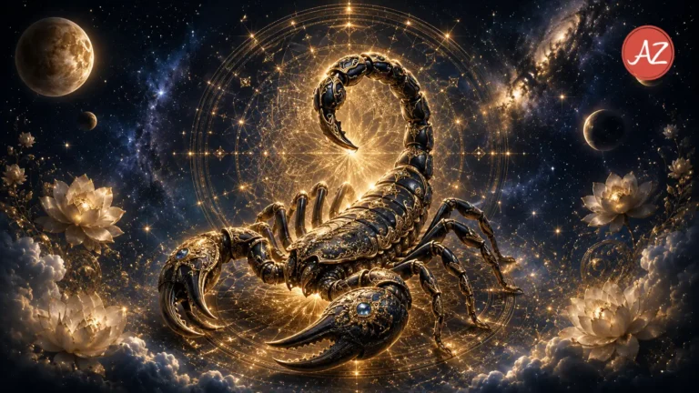 A celestial Vedic astrology artwork for Scorpio July 2026 Horoscope, featuring a powerful golden-black scorpion beneath a radiant cosmic mandala, surrounded by stars, planets, lotus flowers, and a mystical night sky.