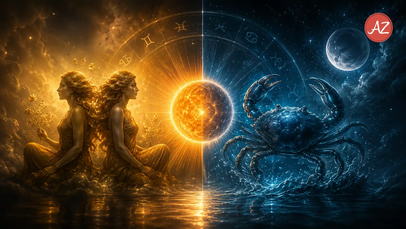 A cinematic astrology artwork showing the Sun Transit in Cancer 2026, with a glowing Sun shifting from golden Gemini energy to blue Cancer water energy, featuring twin figures, a Cancer crab, moonlight, stars, and a zodiac wheel.