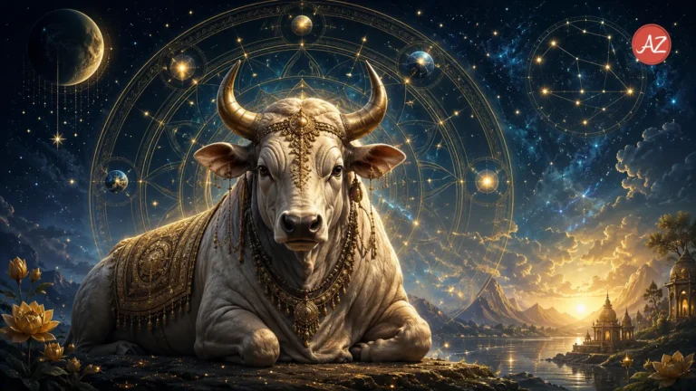 Taurus July 2026 Horoscope image showing a majestic sacred white bull with golden ornaments, seated before a glowing Vedic astrology mandala under a starry cosmic sky.