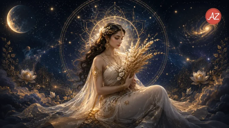 A celestial Vedic astrology artwork for Virgo July 2026 Horoscope, showing a serene maiden holding wheat under a golden cosmic mandala, surrounded by stars, planets, lotus flowers, and a mystical night sky.