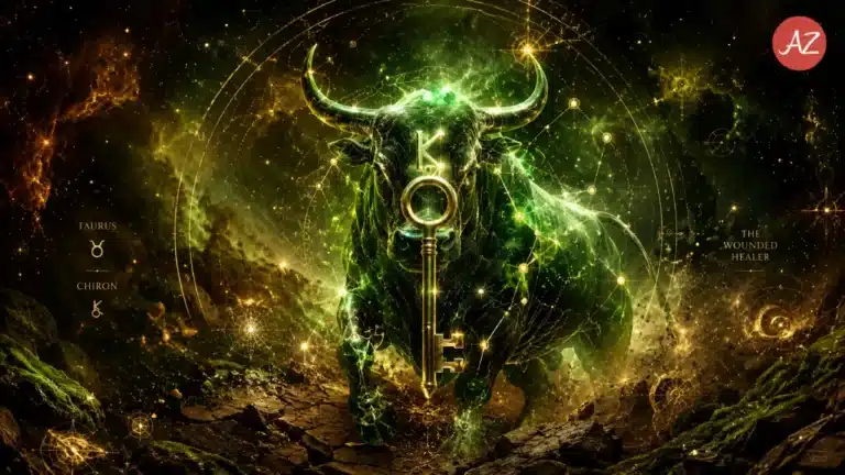 An artistic representation of Chiron in Taurus 2026 showing an emerald green bull constellation and a glowing golden astrological key in deep space.