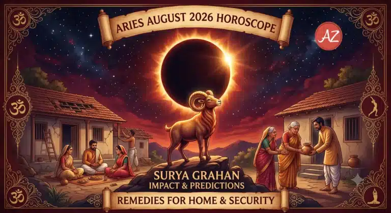 Aries Ram symbol overlaid on a total solar eclipse background representing the August 2026 horoscope predictions.