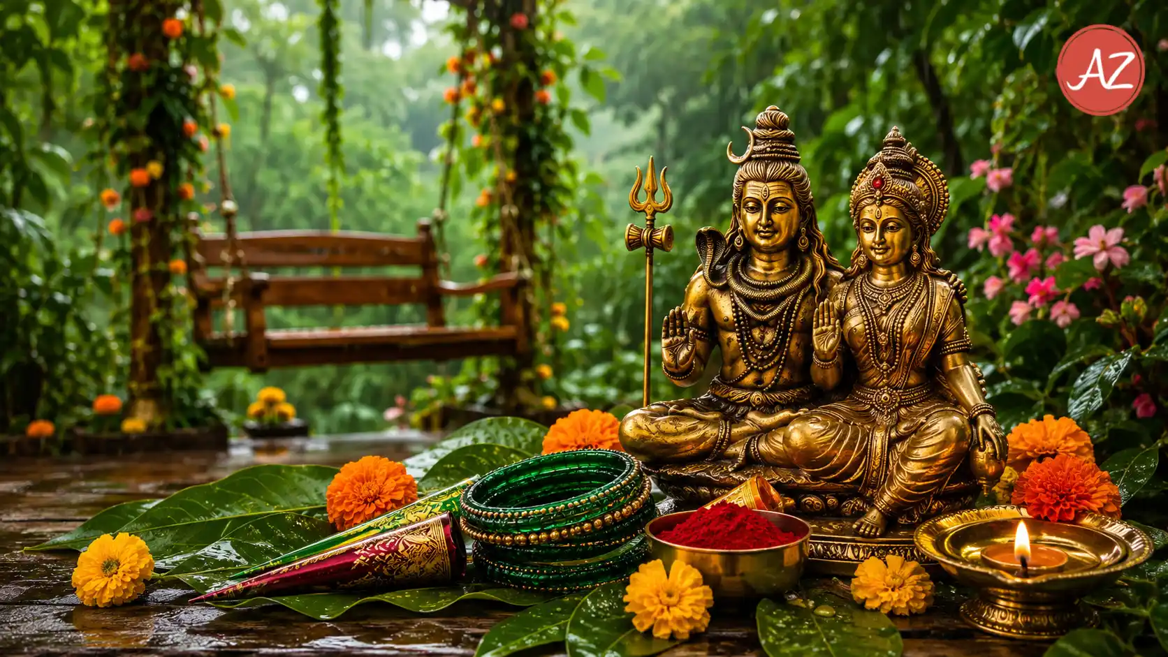Traditional Hariyali Teej celebration setup with green bangles, mehendi, decorated swing, and divine portraits of Lord Shiva and Goddess Parvati