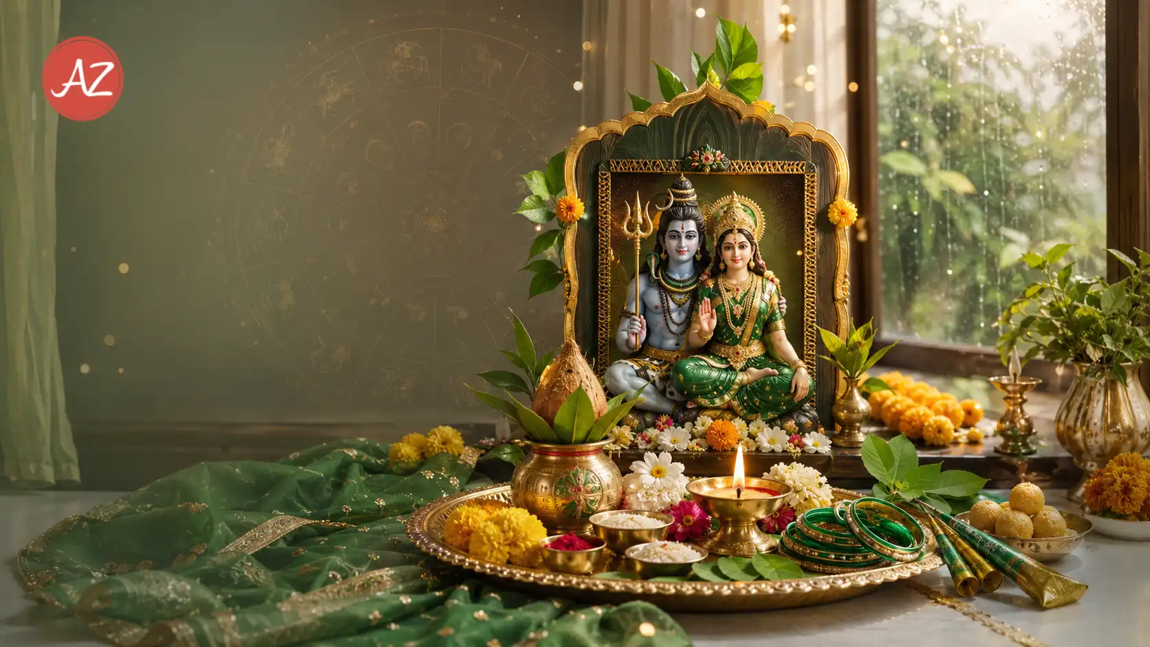 Hariyali Teej 2026 puja with Shiva Parvati idol, green bangles, mehendi, and zodiac remedies for happy married life.