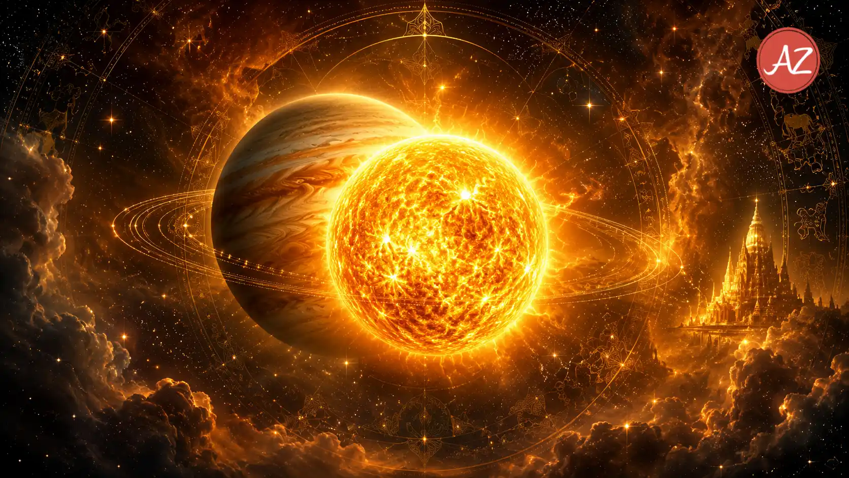 Jupiter Combustion 2026 showing Jupiter hidden near the Sun during Guru Tara Asta with Vedic astrology symbols