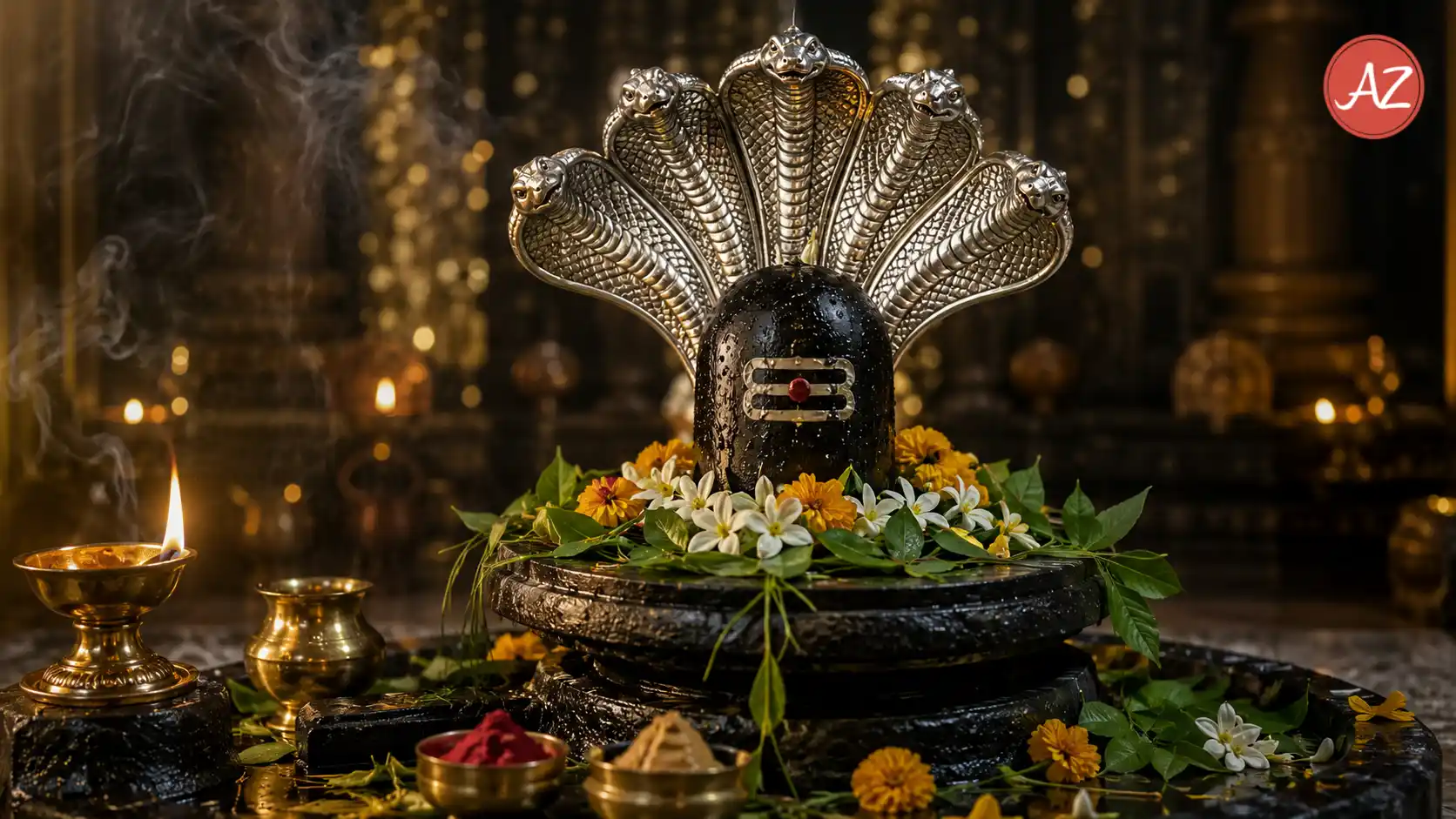 Sacred brass Shiva Lingam with a silver Nag Devta serpent canopy decorated with bel patra, flowers, and durva grass for Nag Panchami 2026